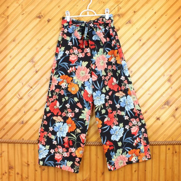 Zara Basic Wide Leg Floral Capris Small Belted Black Blue Orange Pink Boho D114 - Picture 3 of 6